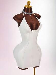 Amplova 女式时尚性感纯色露背挂脖迷你连衣裙 - 奶油色 - 查看 1