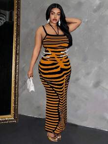 Maweii 大码条纹修身性感时尚针织吊带裙，适合派对场合，秋冬季 - 彩色 - 查看 1