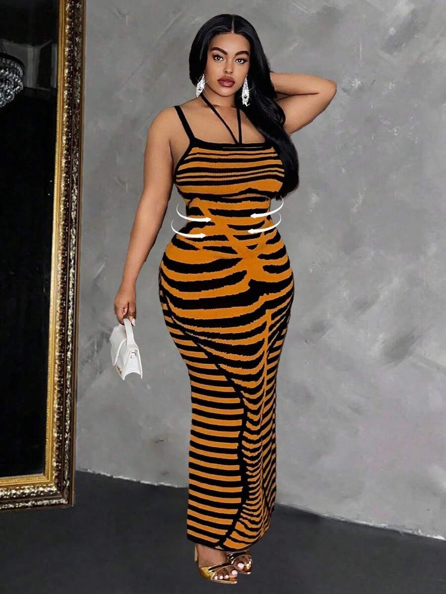 Maweii 大码条纹修身性感时尚针织吊带裙，适合派对场合，秋冬季 - 彩色 - 查看 1