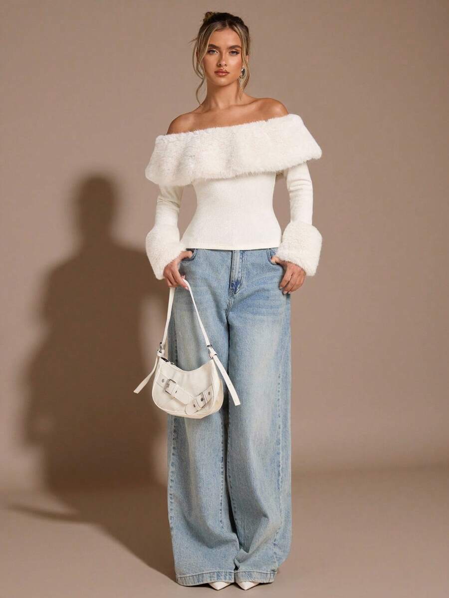 SHEIN BAE Apricot Off Shoulder Fuzzy Tight-Fitting Long Sleeve Sweater Top, Thermal Lined Thick Autumn/Winter Top,Valentine's Day,Valentine Outfits For Women