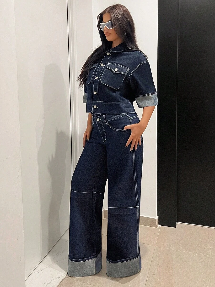 Jeanoix Women's Solid Color Front Button Casual Denim Jacket And Coat