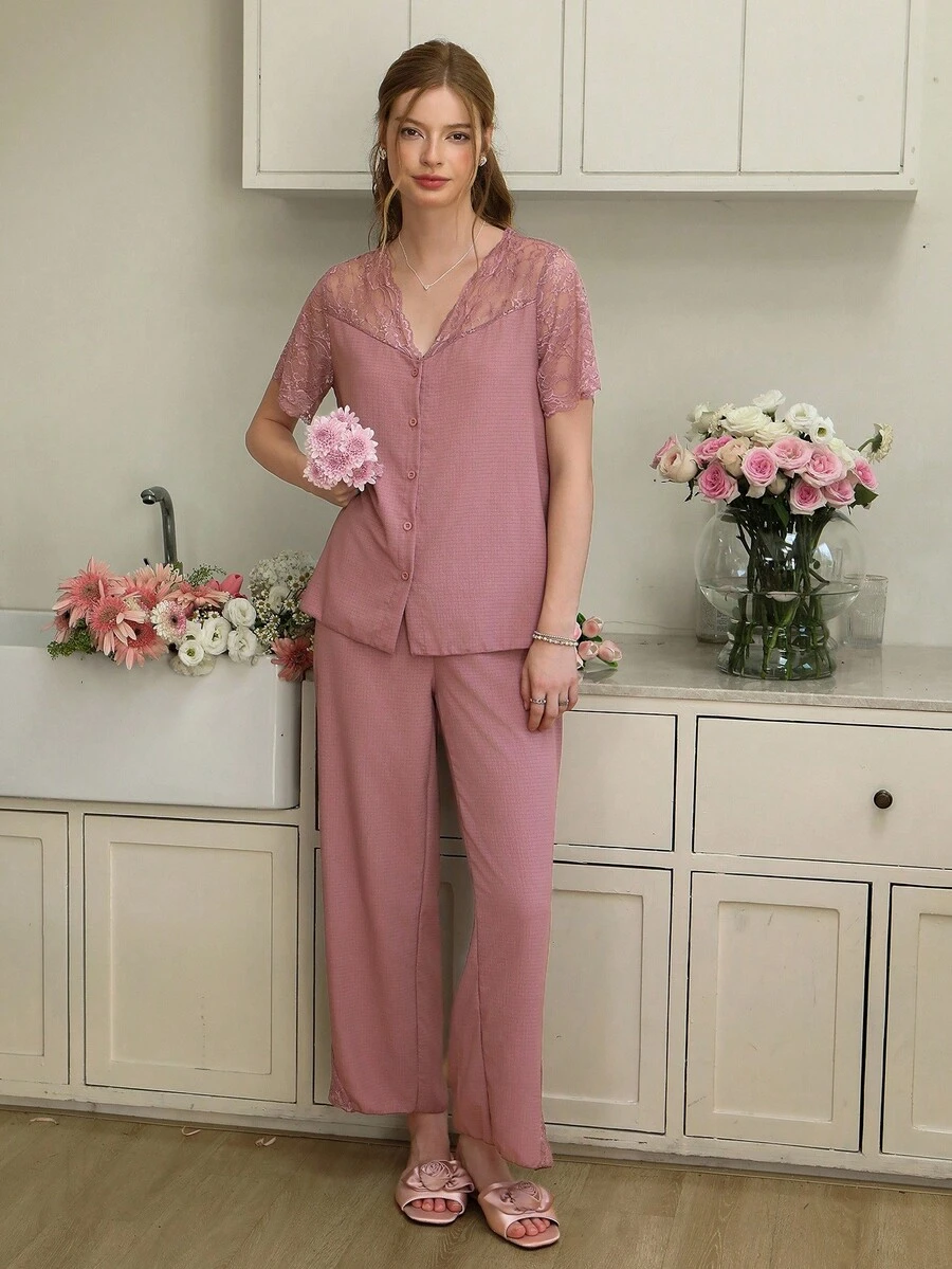Lace Patchwork Sheer Short Sleeve Top With Pants Women Pajama Set Lounge Set - Dusty Pink - View 1