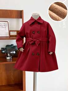 SHEIN Baby Girl Khaki Thermal Lined Long Coat With Lapel Collar, Casual & Cute, Autumn/Winter