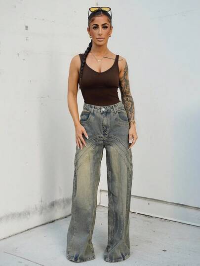 SAYEHFBABY 缝线宽松牛仔裤，春季 90 年代 Y2k 休闲可爱浓咖啡西部音乐会节秋季秋冬纳什维尔秋季秋季返校办公室工作