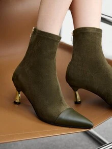 CUCCOO BIZCHIC 女士秋冬新款时尚弹力细跟修身短靴，军绿色踝靴，百搭舒适通勤鞋 - 軍綠色 - 查看 1