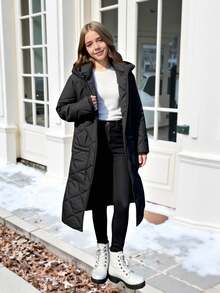 SHEIN Abrigo acolchado largo y cálido con patrón de diamantes básico informal para niñas preadolescentes, adecuado para otoño/invierno