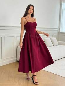 SHEIN Tall 优雅女士长款飘逸细肩带连衣裙，适合日常、约会、外出、夜总会、派对、秋季、女士夏季连衣裙、茶会连衣裙 - 酒紅色 - 查看 4