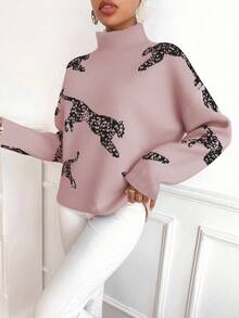 SHEIN LUNE Women's Elegant Leopard Pattern High Neck Drop Shoulder Sweater, Autumn/Winter - Baby Pink - View 6