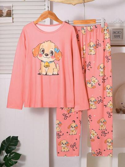 可爱INS蝴蝶结小狗动物印花睡衣，适合少女，淡粉色