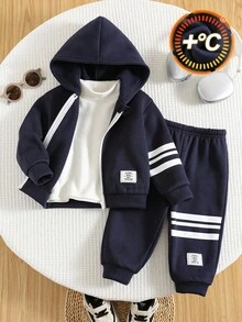 2pcs Baby Boys Thermal Lined Thick Contrast Color Ribbed Loose Raglan Hoodie Jacket And Casual Sports Pants Set, Suitable For Winter - Royal Blue - View 2