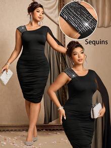 Cravure Christmas Plus Size Soft Knit Sequin Patchwork Asymmetric Sleeve Wrap Dress With Asymmetrical Collar, Elegant For Party, Outing, Gathering, And Dating - Black - View 1