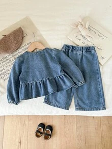 LMoss Kids 2件套女婴蓝色牛仔宽松上衣和阔腿裤套装 - 淺色水洗藍 - 查看 2