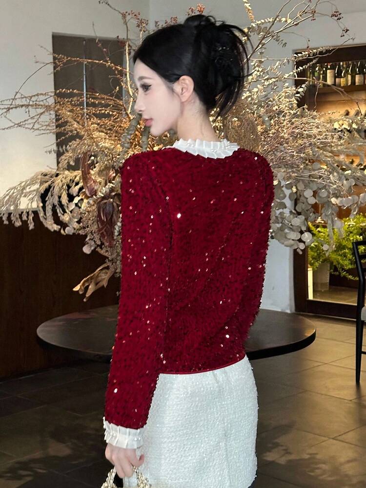Women's Elegant Contrast Color Sequin Patchwork Blouse, Autumn Christmas Long Sleeve Top Carnival
