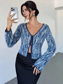 Firerie Women's Sequin Embroidered Front Tie Blouse,Navy Blue Faux Fur Sweater Top,Long Sleeve,Elegant Autumn Party Night Boho Beach Concert Club - Multicolor - View 5
