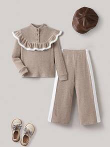 PrepCrw 2pcs Young Girls Elegant Urban Versatile White Trim Ruffle Collar Loose Fit Sweatshirt And Khaki Side Panel White Pants Set, Suitable For Casual Outings, Gatherings, Holidays, Autumn And Winter Young Girl Pant Set Girls Pant Suit Flare Pants Set Kids Girl S Spring And Autumn Suit - Khaki - View 2