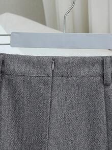 Franclia 女士秋冬轻盈成熟风通勤简约百搭人字纹加厚灰色羊毛宽松遮臀高端显瘦高腰开衩加厚中长裙，适合秋冬季新年感恩节派对婚礼等场合。 - 灰色 - 查看 3