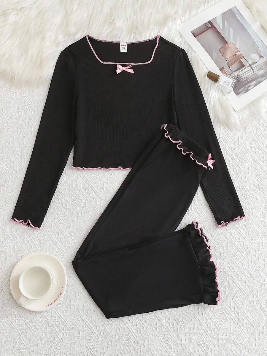 SHEIN 2pcs/Set Tween Girls' Sweet Contrast Color Bowknot Fitted Top And Flare Pants Pajama Set, Korean Style Black Pajamas For Girls Black Pajama Set Two Pieces Sleepwear Set Sleep Wear Women 2 Pieces Set Black Pj Set - Black - View 1