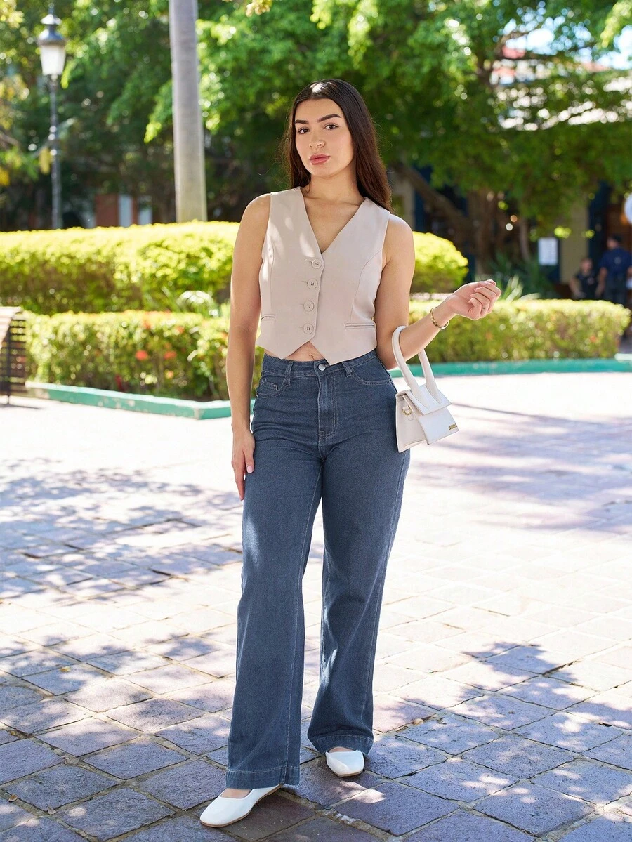 Andrea Bello 女式宽松喇叭腿口袋休闲百搭牛仔裤 - 藍色 - 查看 1