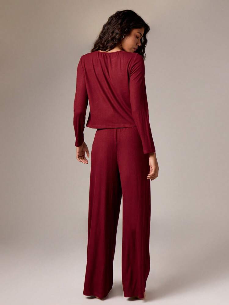Ribbed Button Front Cardigan With Wide Leg Trousers