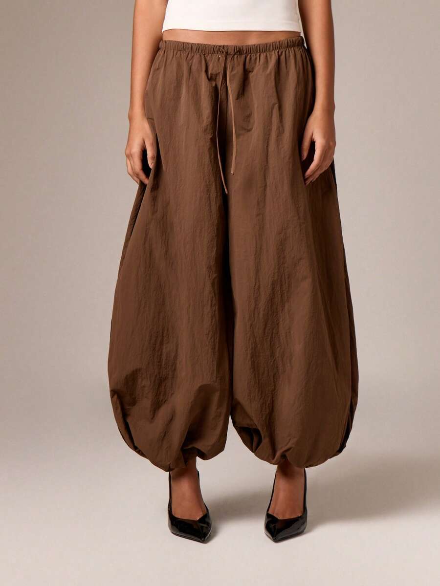 AiiRZ High Rise Harem Wide Leg Palazzo Pants Balloon Trousers With Drawstring Elastic Waistband Autumn Winter Fashion - Coffee Brown - View 1