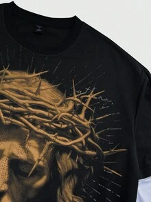 ROMWE MEN Goth Men's 2 In 1 Long Sleeve Jesus T-Shirt, Punk Street Style Top, Fall - Black - View 4