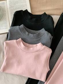 SHEIN Bộ 6 món/Bộ áo dài tay dệt kim màu trơn họa tiết hoạt hình dễ thương thường ngày và quần dài cho bé gái - Nhiều màu - Xem 7