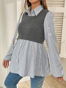 SHEIN Maternity Casual Patchwork Striped Lantern Sleeve Shirt, Autumn