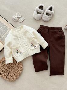 Blossori 女婴法式优雅刺绣口袋前扣长袖针织开衫 - 白色 - 查看 4