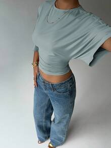 Aloruh Casual Solid Color Batwing Sleeve Ruched Cropped T-Shirt, Autumn Everyday Blue Light - Mint Green - View 5