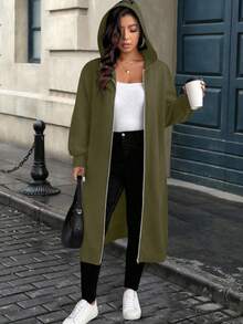 EMERY ROSE 大码休闲街头宽松拉链连帽长袖夹克，适合日常穿着 - 軍綠色 - 查看 3