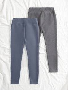 SHEIN Dwuczęściowe, dopasowane, termiczne legginsy polarowe dla nastolatek z naszywką w talii - Brudny niebieski - Zobacz 2