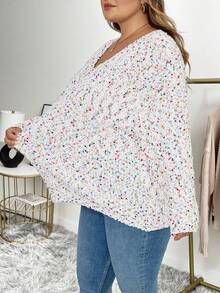 SHEIN CURVE+ Áo len chui đầu cổ chữ V nhiều màu sắc họa tiết lông xù cỡ lớn dành cho nữ, mùa thu/đông - trắng - Xem 7