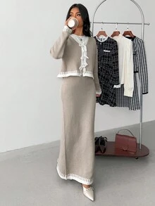 SHEIN 2件套少女渐变色蝴蝶结针织休闲基本款服装，秋冬