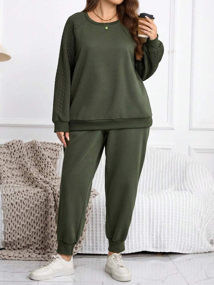 Conjunto de 2 piezas de sudadera y pantalón de chándal de forro polar con parches en verde, con bolsillos, para mujer talla grande, para otoño/invierno