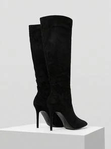 Mnmlis Botas altas elegantes de cuero patentado rojo vino con hebilla de metal, tacones altos delgados