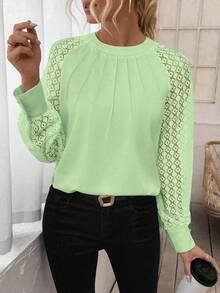 EMERY ROSE Women's Solid Color Minimalist Daily Wear Round Neck Hollow Long Sleeve Blouse - Mint Green - View 3
