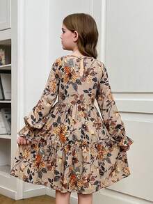 SHEIN Teenage Girl's Elegant Floral Woven Fitted Long Sleeve Dress, Autumn/Winter - Khaki - View 4