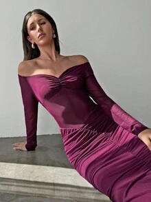 Aloruh 女士新款露肩长袖紫色加长连衣裙，秋冬 - 中紫紅色 - 查看 4