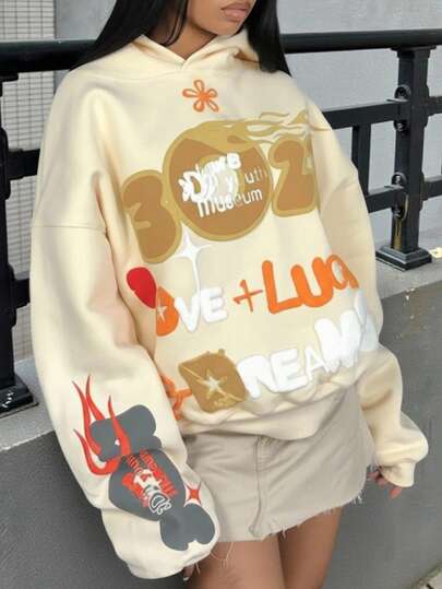 Rovax Women's Letter Print Drop Shoulder Long Sleeve Casual Loose Hoodie Sweatshirt, Autumn/Winter, Christmas