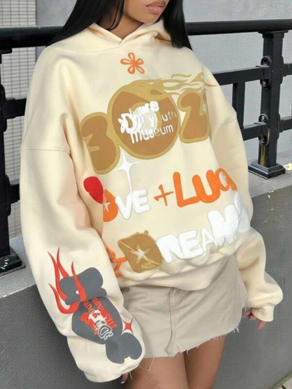 Rovax Women's Letter Print Drop Shoulder Long Sleeve Casual Loose Hoodie Sweatshirt, Autumn/Winter, Christmas