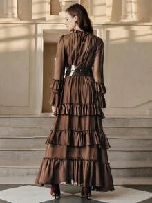 Anewsta Savoree Elegantes Hochzeitsgast-Kleid mit ausgestellten Ärmeln und Rüschensaum, geeignet für Musikfestivals, Herbst - Kaffeebraun - Übersicht 2