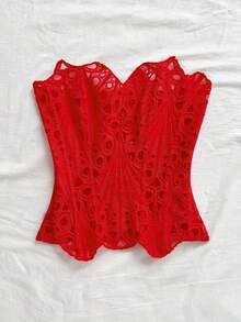 Soleia European & American Style Sexy Avant-Garde Lace Double-Layer Corset Bustier, Fishbone Contoured, Hollow Embroidered Shapewear, Red - Red - View 6