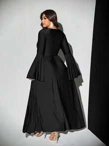 Viva Relle Plus Size Sexy Solid Color High Slit Flare Sleeve Dress - Black - View 3