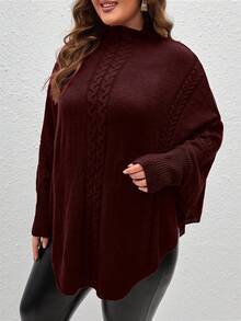 SHEIN LUNE Plus Size Turtleneck Split Twist Knit Casual Long Sleeve Pullover Sweater - Burgundy - View 4