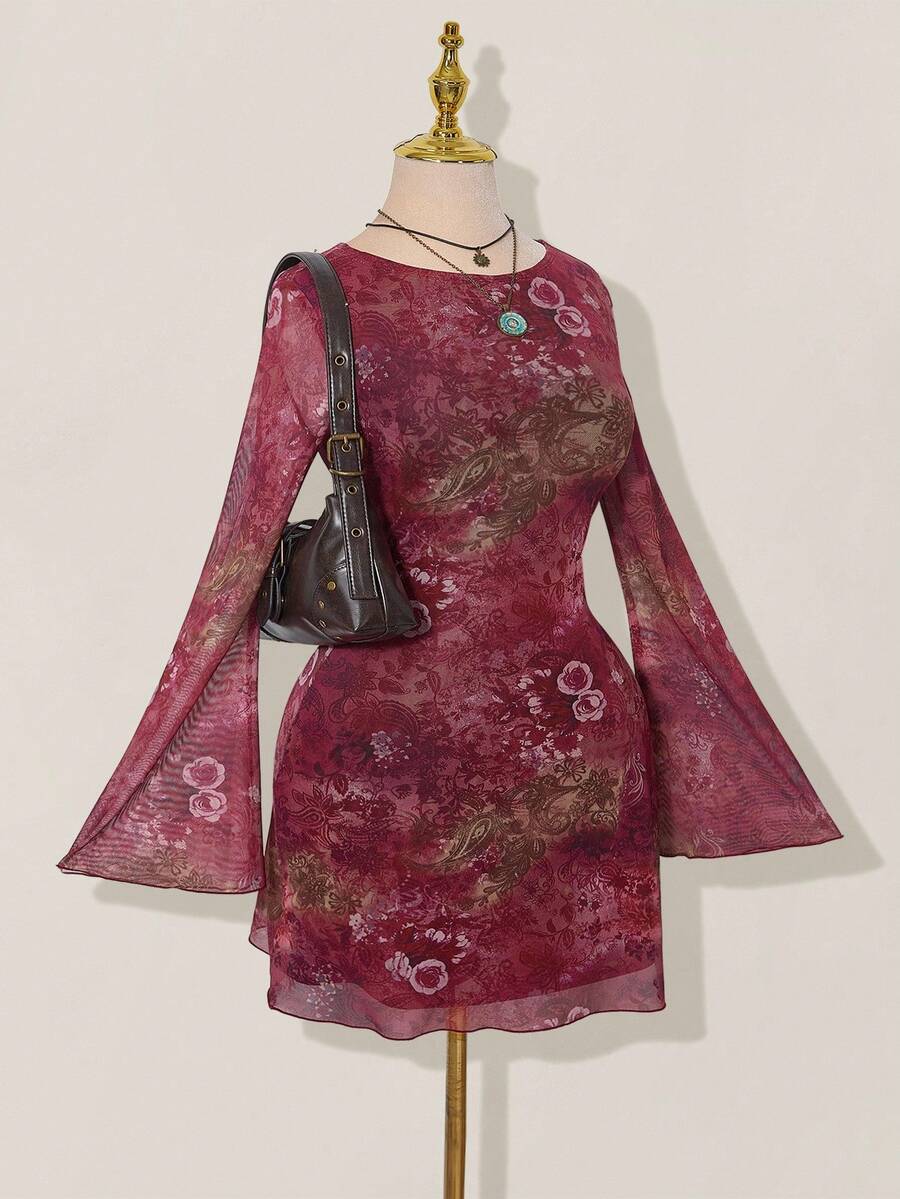 SHEIN ICON 女式复古印花喇叭袖迷你连衣裙 - 彩色 - 查看 1