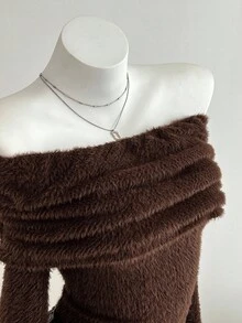 Elamini 1 件棕色休闲日常通勤露肩弹力毛绒长袖修身性感女式露肩长袖连衣裙 - 棕色 - 查看 5