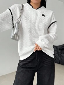 Modelyn 秋冬V领宽松休闲黑白撞色马术标志优雅复古美式风格卫衣 - 白色 - 查看 8