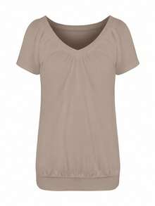 INAWLY Women V-Neck Short Sleeve Pleated Simple T-Shirt, Casual For Daily Wear