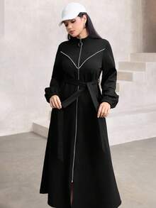 Graceveil Elegant Waist Cinched Long Sleeve Stand Collar Minimalist Design Outerwear, Flattering Silhouette, Suitable For Autumn/Winter Abayas - Black - View 5
