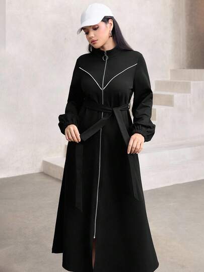 Graceveil Elegant Waist Cinched Long Sleeve Stand Collar Minimalist Design Outerwear, Flattering Silhouette, Suitable For Autumn/Winter Abayas